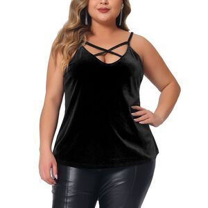 Plus Size Velvet Cami Criss Cross V Neck Spaghetti Strap Tank Top Black